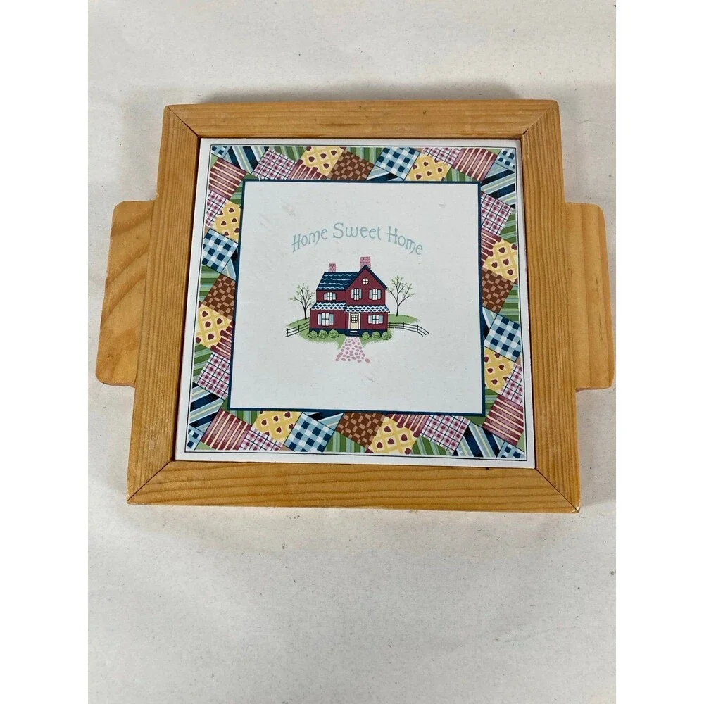 Vtg Home Sweet Home Tile Trivet Wood Casing Patch Work Quilt Design Cottagecore